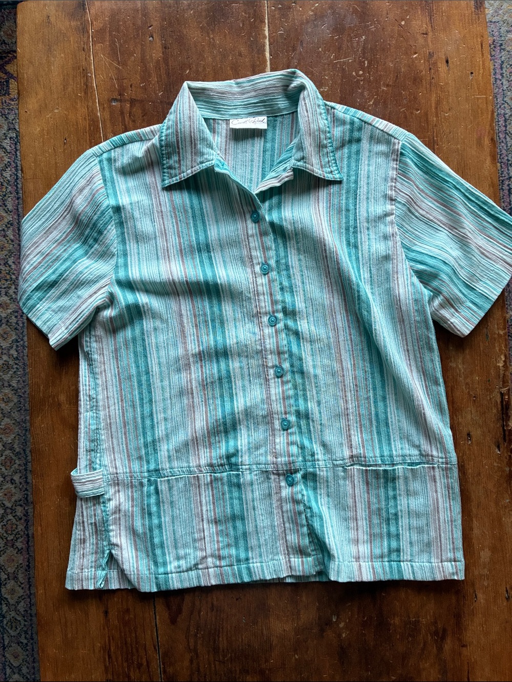 Vintage Carol Reed Boxy Striped Button Up Shirt Aqua - Linen - Picture 4 of 9